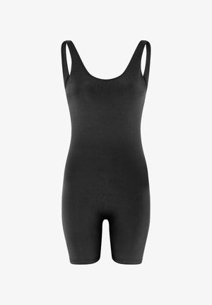 Fekete, ujjatlan, testhez simuló rövidnadrágos overál, kerek nyakkivágással, mid-thigh hosszúságú rövidnadrággal, rugalmas anyagból.