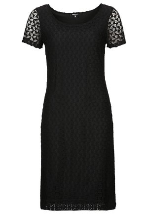 Robe noire longueur genou avec manches courtes en dentelle et motif en dentelle intégral, encolure ronde et silhouette ajustée.