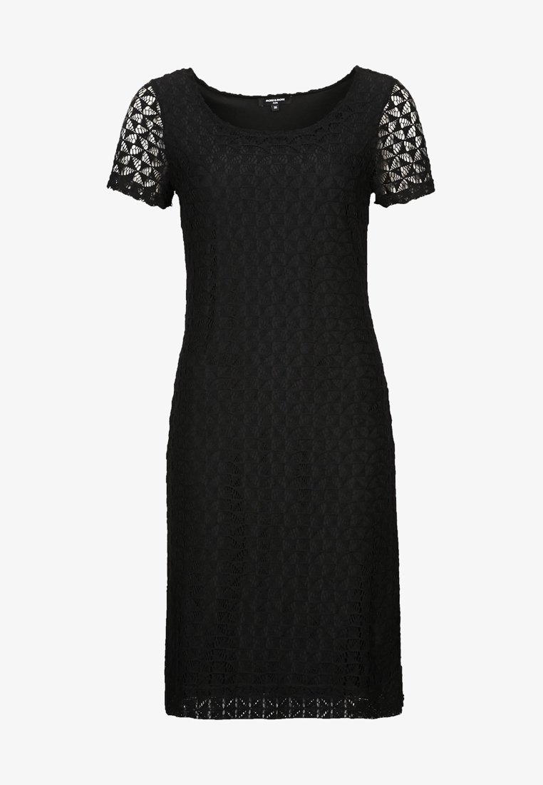 Robe noire longueur genou avec manches courtes en dentelle et motif en dentelle intégral, encolure ronde et silhouette ajustée.