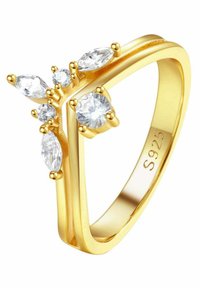 Złoty pierścionek z podzieloną obrączką, ozdobiony pięcioma przejrzystymi kamieniami z cyrkonii w różnych kształtach, w tym w kształcie marquise i okrągłym.