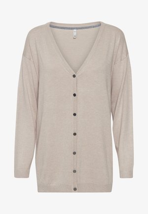 Bēšas krāsas adīta kardigāna ar V veida kakla izgriezumu, garām piedurknēm un melnām pogām priekšpusē. Mīksta tekstūra un brīva piegriezuma.