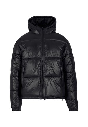 Must musta jope läikiva viimistlusega, millel on kapuuts, lukuga kinnitus, elastsed mansetid ja soojustuseks tepitud paneelid.