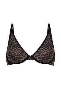 Leopard print bralette with black trim, featuring a triangular shape and adjustable straps. Soft fabric with a sheer texture.