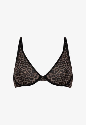 Leopardmønstret bralette med sort kant, med en trekantet form og justerbare stropper. Blødt stof med en gennemsigtig tekstur.