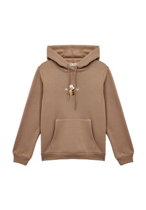 Brązowa bluza z kapturem, przednią kieszenią, sznurkami i małą grafiką pandy trzymającej popcorn z napisem „Stay Cozy” na piersi.