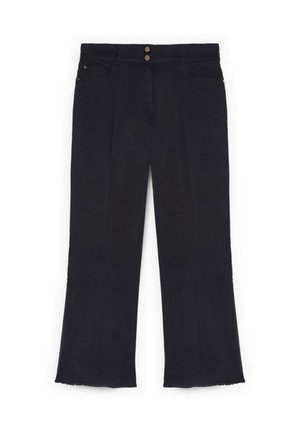 Zwarte wijde broek met hoge taille, voorplooien, dubbele knoopsluiting, steekzakken aan de voorkant en rafelige zoom.