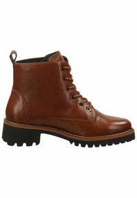 Brown leather ankle boot with a smooth texture, round toe, metal eyelets, and black treaded sole. Features a pull tab on the back.