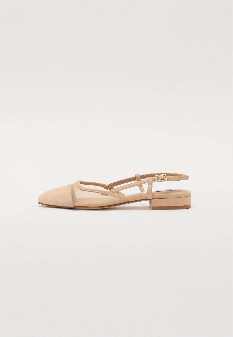 Chaussure plate slingback beige à petit talon, bout pointu, panneaux latéraux transparents et bride de cheville ajustable avec boucle dorée.