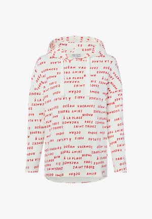 Biała bluza z kapturem z rozrzuconymi czerwonymi francuskimi słowami takimi jak "Paris", "Amour", "Vacances" i "Saint Tropez", wyposażona w przednią kieszeń i sznureczki.