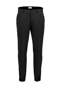 Pantaloni neri su misura realizzati in tessuto liscio, con taglio dritto, chiusura frontale con bottone e senza tasche o decorazioni visibili.