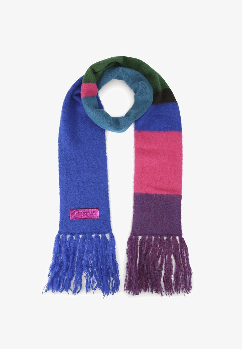Sciarpa multicolore realizzata in materiale morbido; presenta sezioni blu, rosa, verde e viola con estremità frangiate e una piccola etichetta rosa.