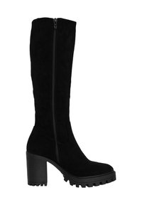 Bota de ante negra hasta la rodilla con tacón grueso, cremallera lateral y suela texturizada. Presenta un acabado suave y un diseño de caña ajustada.