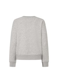 Sudadera gris con escote redondeado, puños acanalados y dobladillo. Textura suave con un acabado liso. Sin patrones ni gráficos visibles.