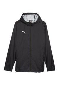 Schwarze leichte Jacke mit einem Frontreißverschluss, ausgestattet mit einer Kapuze und elastischen Bündchen. Auffälliges weißes Puma-Logo auf der linken Brust.