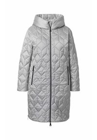 Quiltet grå frakke med hætte. Har en frontlynlås og to sidelommer. Stoffet har en glat tekstur og en diamantmønsterdesign.