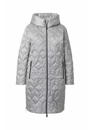 Cappotto grigio trapuntato con cappuccio. Dotato di una zip frontale e due tasche laterali. Il tessuto ha una texture liscia e un motivo a diamante.