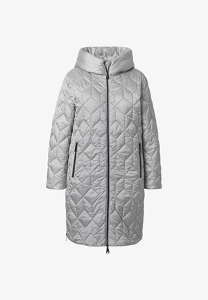 Gequilted grijze jas met een capuchon. Voorzien van een rits aan de voorkant en twee zijzakken. De stof heeft een gladde textuur en een ruitpatroon.