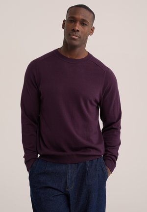 Homme portant un pull violet foncé à manches longues et un jean bleu, debout les mains dans les poches devant un fond clair uni.