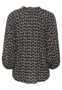 Blouse ample en bleu marine foncé avec motif abstrait beige, dotée d'un col froncé et de manches légèrement bouffantes.