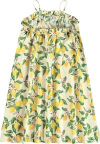 Vestito estivo giallo con motivo floreale di limoni. Presenta scollo arricciato e spalline sottili. Realizzato in tessuto leggero. Vestibilità complessivamente ampia.