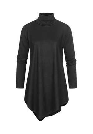 Top nero a maniche lunghe con collo alto e orlo asimmetrico. Realizzato in tessuto morbido, presenta un collo aderente e una vestibilità comoda sul corpo.