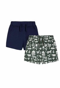 Deux paires de shorts : l'un bleu marine avec des poches, l'autre vert à motifs avec des animaux et des plantes blanches. Les deux ont des ceintures élastiques.