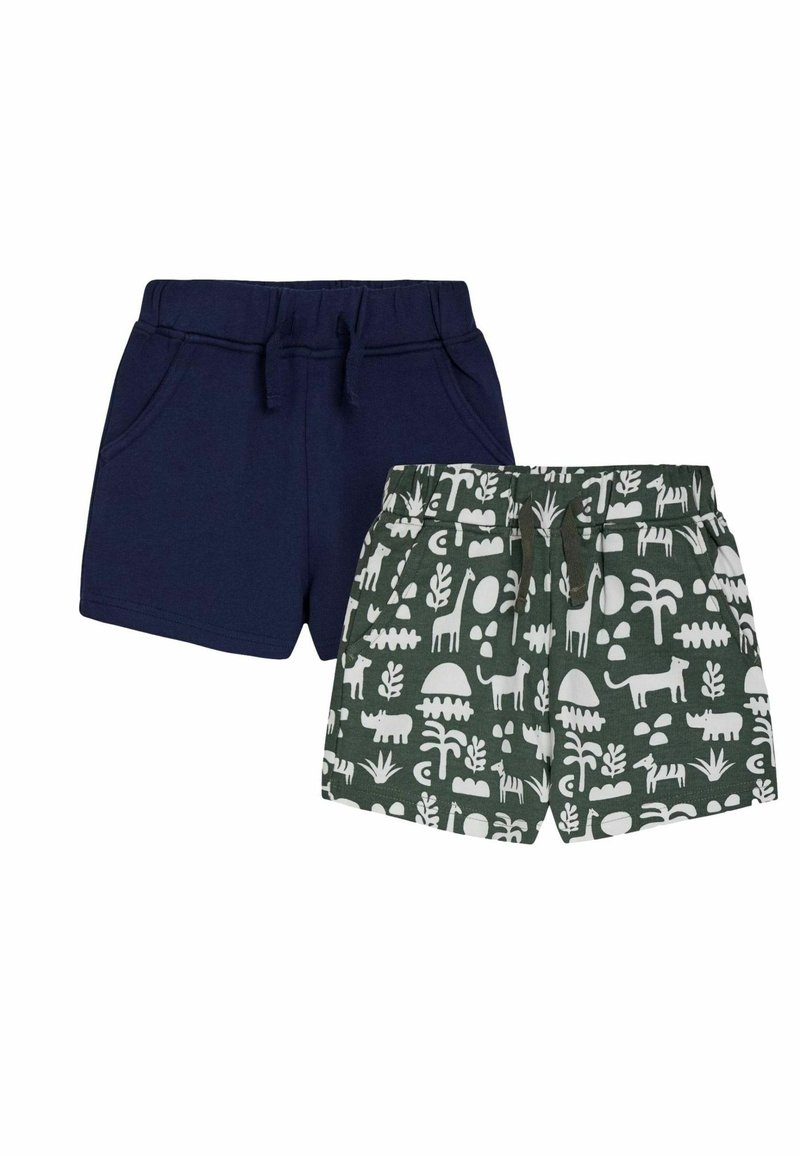 Deux paires de shorts : l'un bleu marine avec des poches, l'autre vert à motifs avec des animaux et des plantes blanches. Les deux ont des ceintures élastiques.