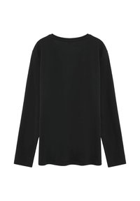 Schwarzes langärmliges T-Shirt mit einem runden Ausschnitt und entspannter Passform. Weiches Baumwollmaterial und schlichte Textur. Keine sichtbaren Muster oder Akzente.