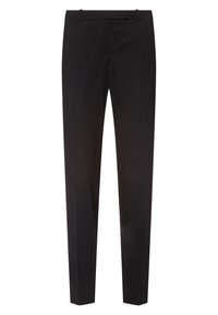 Czarne dopasowane spodnie uszyte z gładkiego materiału, charakteryzujące się płaskim przodem, slim fit oraz standardowym pasem z szlufkami na pasek.