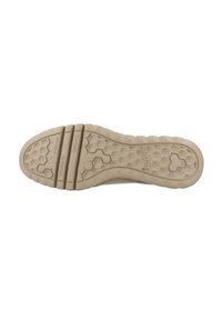 Suela de un zapato en color crema con un patrón texturizado en forma de panal para proporcionar tracción. Incluye ranuras para flexibilidad y agarre.