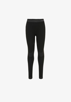 Schwarze Leggings aus elastischem Stoff, mit einem breiten Bund und strukturierten Mustern entlang der Knie für zusätzlichen Stil.