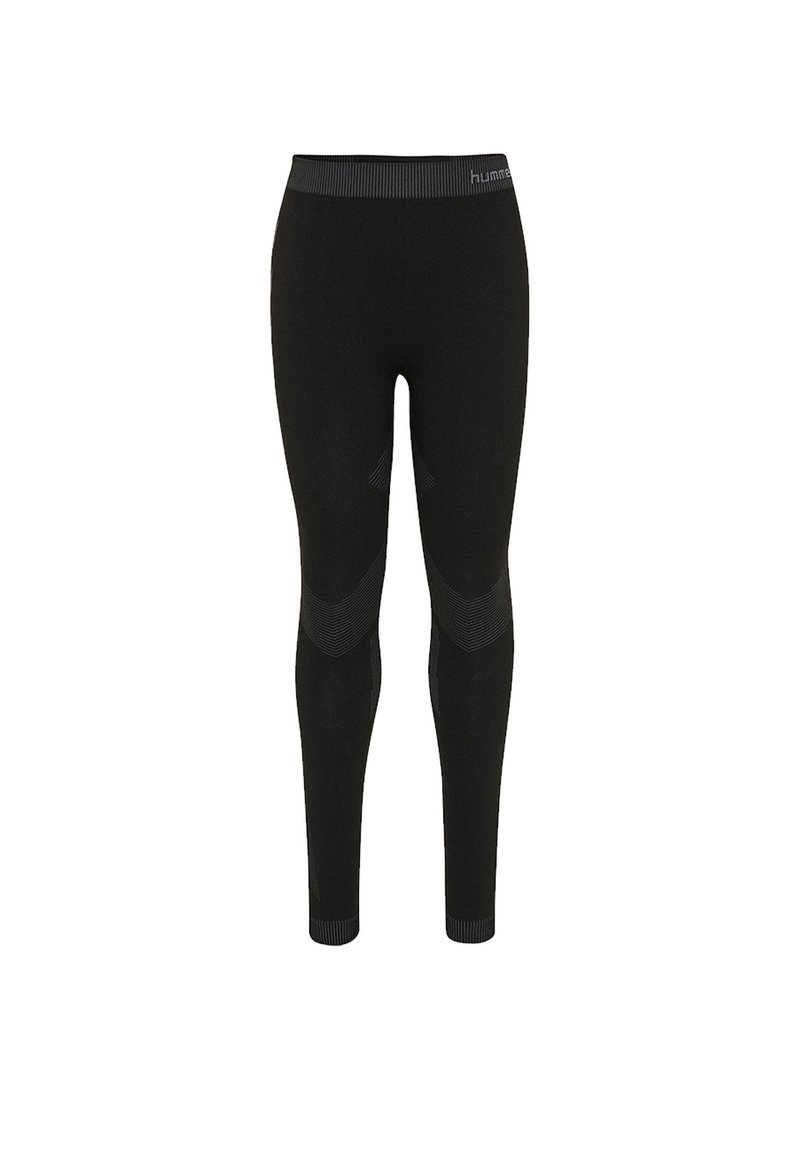 Schwarze Leggings aus elastischem Stoff, mit einem breiten Bund und strukturierten Mustern entlang der Knie für zusätzlichen Stil.
