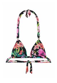 Triangelbikinitopp med svart bakgrund som har färgglada blommönster. Knytning i nacke och rygg, tillverkad av elastisk tyg.