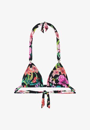 Bikini haut triangle avec un fond noir featuring des motifs floraux colorés. Se noue autour du cou et dans le dos, fabriqué en tissu extensible.