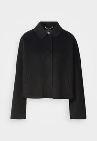 Zwarte cropped jas met een kraag, knoopsluiting en lange mouwen. Gemaakt van een gladde stof met minimale naden en geen zichtbare versieringen.