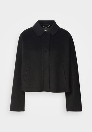 Cappotto nero cropped con colletto, chiusura a bottoni e maniche lunghe. Realizzato in tessuto liscio con cuciture minime e senza decorazioni visibili.