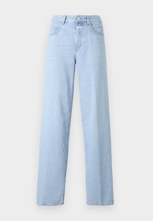 Lyseblå, høytlivsjeans med rett ben. Laget av denim, med fem lommer og frontknapplukking. Minimalistisk design.