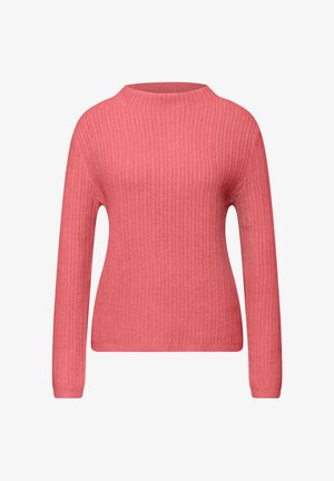 Růžový žebrovaný svetr s kulatým výstřihem, dlouhými rukávy a volným střihem. Textura je měkká s vertikálními pruhy po celém povrchu.
