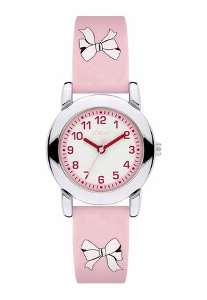Pink children's wristwatch with white face, red numbers, silver case, and bow illustrations on strap, showing time 10:10:35.