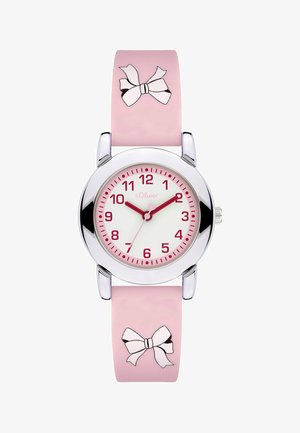 Montre pour enfant rose avec cadran blanc, chiffres rouges, boîtier argenté et illustrations de nœuds sur le bracelet, affichant l'heure 10:10:35.