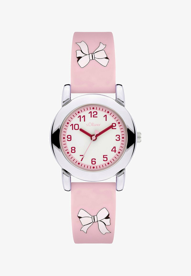 Montre pour enfant rose avec cadran blanc, chiffres rouges, boîtier argenté et illustrations de nœuds sur le bracelet, affichant l'heure 10:10:35.