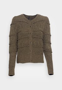 Cardigan en tricot vert olive avec des panneaux horizontaux texturés, encolure ronde, manches longues et fermeture à boutons à l'avant.