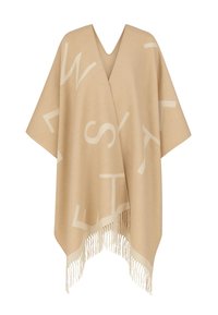 Coperta beige con scollo a V, caratterizzata da grandi lettere bianche su tutto il tessuto e rifinita con frange color crema sull'orlo.