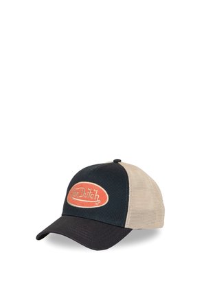 Baseball cap with black front, beige mesh back, and orange patch reading "Von Dutch" on the front panel.
