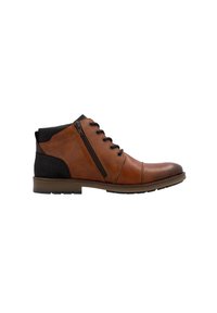 Bottes chelsea en cuir marron avec des accents en suède noir, une fermeture éclair sur le côté, un bout rond et une semelle en caoutchouc ; dotées de lacets pour un maintien sécurisé.