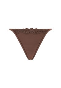 Brown thong made of smooth fabric, featuring a lace trim at the waistband with floral patterns and scalloped edges.