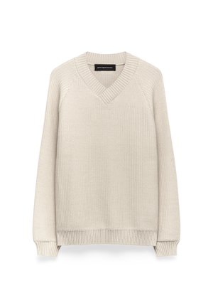 Maglione a V in beige chiaro, texture lavorata a maglia con accenti a coste sul collo e sull'orlo, maniche lunghe, vestibilità classica. Senza decorazioni o loghi.