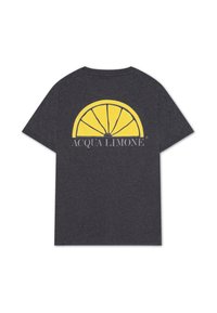Mörkgrå bomullströja med en grafisk tryck av en gul citronskiva och texten "ACQUA LIMONE" tryckt ovanför. Kort ärm, rundad halsdesign.