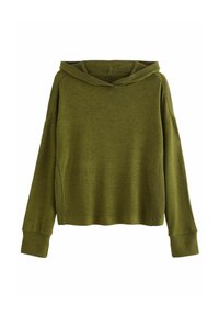 Grøn strikket hoodie med en tekstureret finish, bred udskæring og ribbede manchetter. Stoffet har et let meleret mønster.