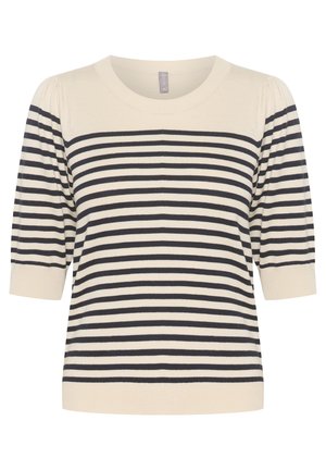 Sweater tricoté à manches courtes en crème avec des rayures horizontales bleu marine. Il présente un col rond et de subtils détails de manches ballons.